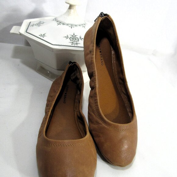 LUCKY BRAND EMMIE BWN LEATHER BALLET FLATS GENUINE LEATHER ZIP BACK - Picture 3 of 9
